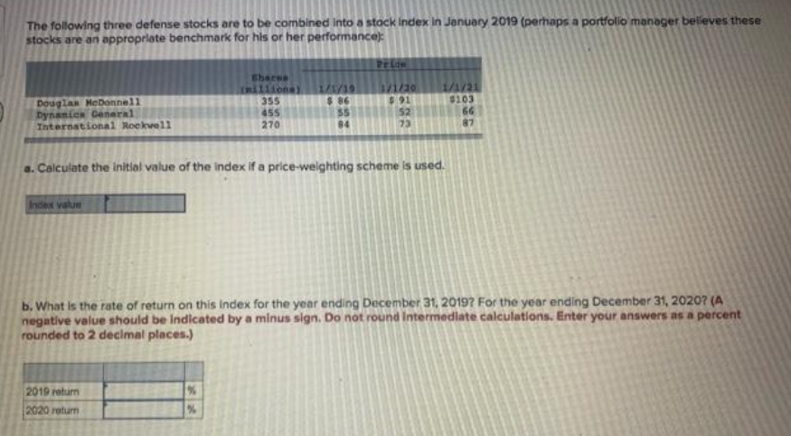 The following three defense stocks are to be combined into a stock index in January 2019 (perhaps a portfolio manager beleves these
stocks are an approprlate benchmark for his or her performance):
Priom
Douglan HeDonnell
Dynanicn Ceneral
International Roekvell
Sharee
Imilliona)
355
455
270
1/1/19
$86
55
84
3/1/20
$91
52
1/1/21
$103
66
87
73
a. Calculate the initial value of the index if a price-weighting scheme is used.
Index value
b. What is the rate of return on this Index for the year ending December 31, 20197 For the year ending December 31, 20207 (A
negative value should be Indicated by a minus sign. Do not round Intermediate calculations. Enter your answers as a percent
rounded to 2 decimal places.)
2019 return
2020 retum
