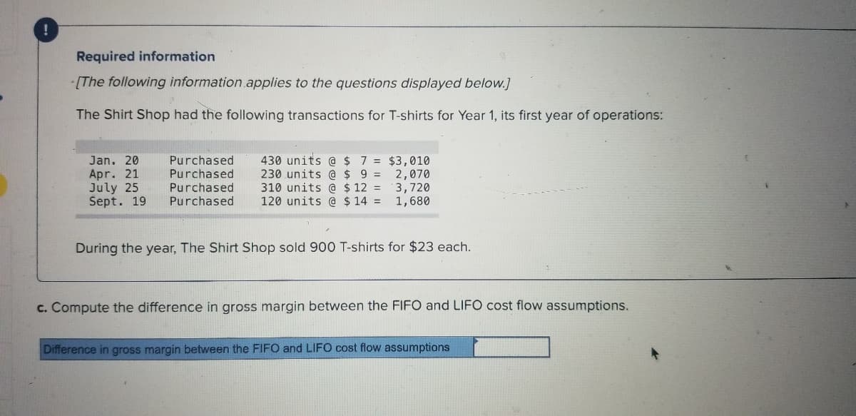 Required information
[The following information.applies to the questions displayed below.]
The Shirt Shop had the following transactions for T-shirts for Year 1, its first year of operations:
430 units @ $ 7 = $3,010
230 units @ $ 9 = 2,070
310 units @ $ 12 = 3,720
120 units @ $14 =
Jan. 20
Purchased
Purchased
Apr. 21
July 25
Sept. 19
Purchased
Purchased
1,680
During the year, The Shirt Shop sold 900 T-shirts for $23 each.
c. Compute the difference in gross margin between the FIFO and LIFO cost flow assumptions.
Difference in gross margin between the FIFO and LIFO cost flow assumptions
