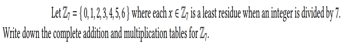 Let Z, = {(0,1,2,3,4,5,6} where each x € Z, is a least residue when an integer is divided by 7.
Write down the complete addition and multiplication tables for Zz.
