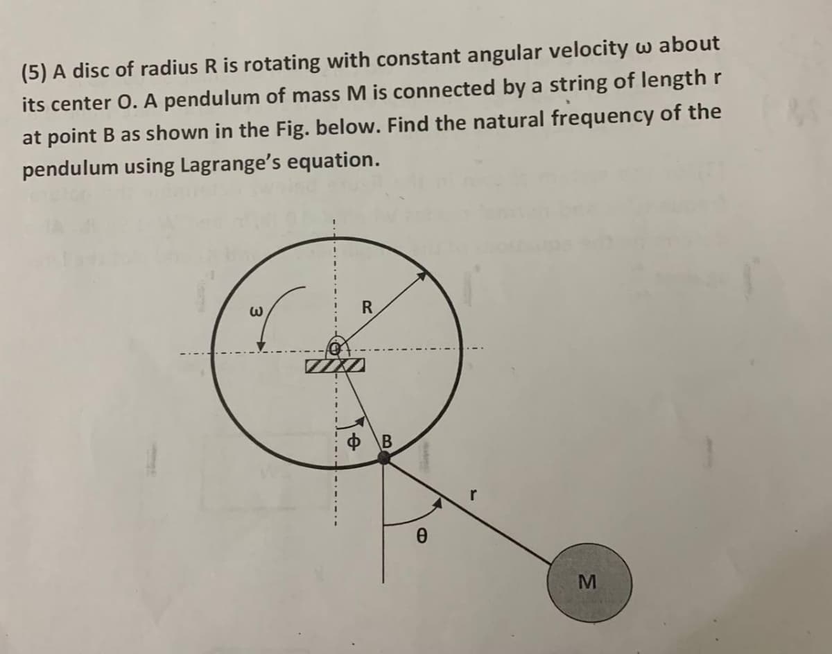 (5) A disc of radius R is rotating with constant angular velocity w about
its center O. A pendulum of mass M is connected by a string of length r
at point B as shown in the Fig. below. Find the natural frequency of the
pendulum using Lagrange's equation.
r
