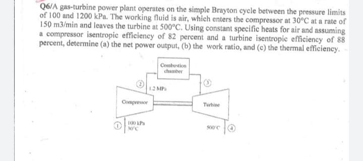 Q6/A gas-turbine power plant operates on the simple Brayton cycle between the pressure limits
of 100 and 1200 kPa. The working fluid is air, which enters the compressor at 30°C at a rate of
150 m3/min and leaves the turbine at 500°C. Using constant specific heats for air and assuming
a compressor isentropic efficiency of 82 percent and a turbine isentropic efficiency of 88
percent, determine (a) the net power output, (b) the work ratio, and (c) the thermal efficiency.
Combustion
chumber
12 MPa
Compressor
Turbine
100 kPa
500' C
