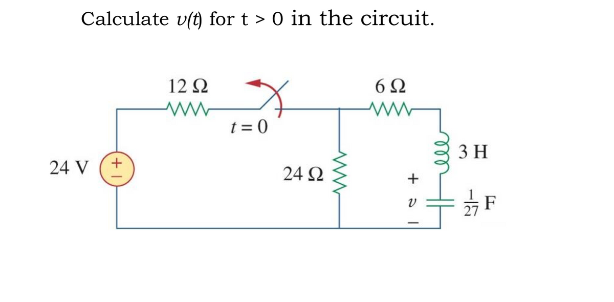 Calculate v(t) for t > 0 in the circuit.
12 Q
6Ω
t = 0
3 H
24 V
24 2
27
all
