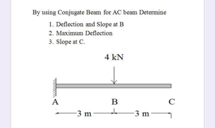 By using Conjugate Beam for AC beam Determine
1. Deflection and Slope at B
2. Maximum Deflection
3. Slope at C.
4 kN
А
B
C
-3 m
-3 m
