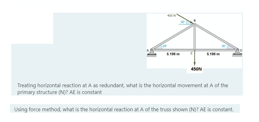 450 N
B
30
30
30
6.196 m
5.196 m
450N
Treating horizontal reaction at A as redundant, what is the horizontal movement at A of the
primary structure (N)? AE is constant
Using force method, what is the horizontal reaction at A of the truss shown (N)? AE is constant.
