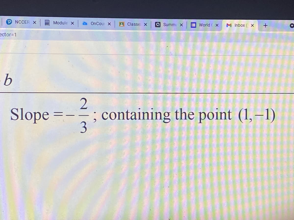 P NCCER x
Module x
A OnCou X
A Classe: x
a Summ x
E World x
M Inbox ( x
+
ector%3D1
9.
Slope =
; containing the point (1, –1)
3
