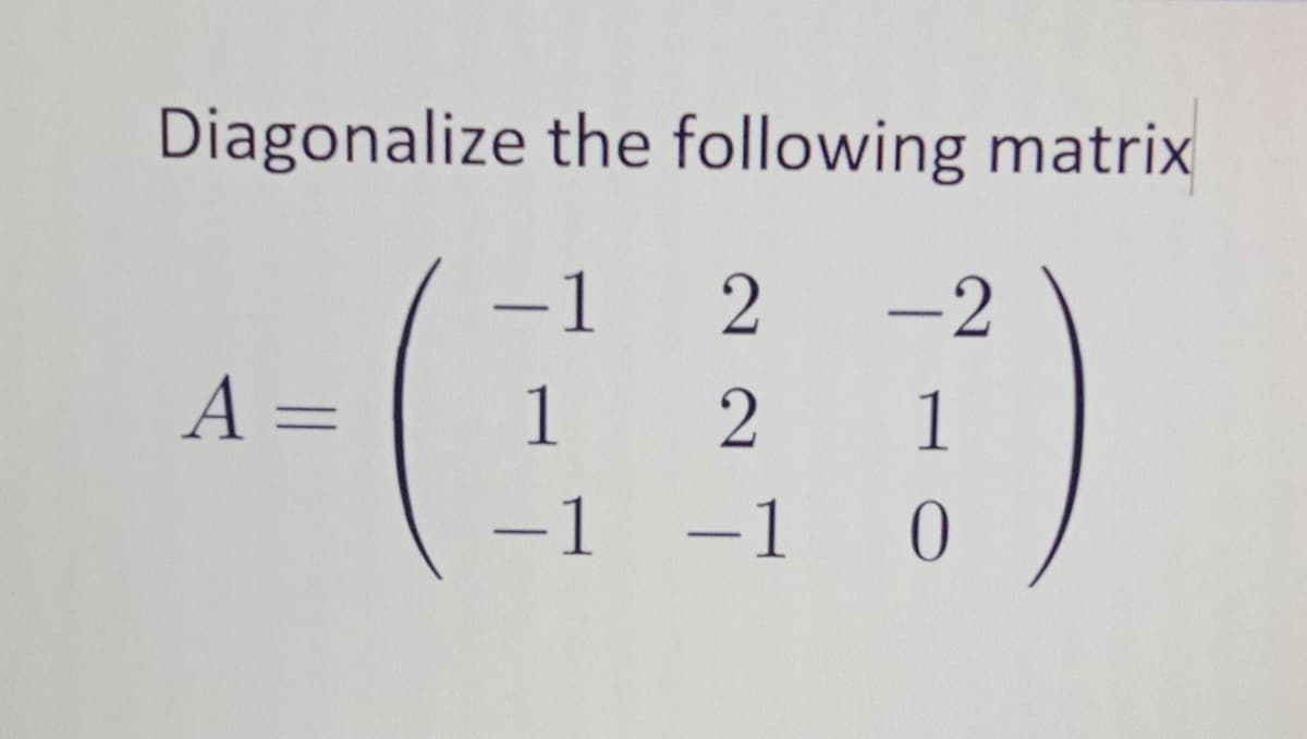 Diagonalize the following matrix
-1 2
1 2
-1 -1 0
-2
A =
1

