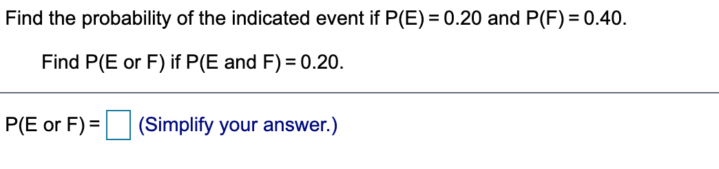 Find the probability of the indicated event if P(E) = 0.20 and P(F) = 0.40.
Find P(E or F) if P(E and F) = 0.20.
P(E or F) =
(Simplify your answer.)
