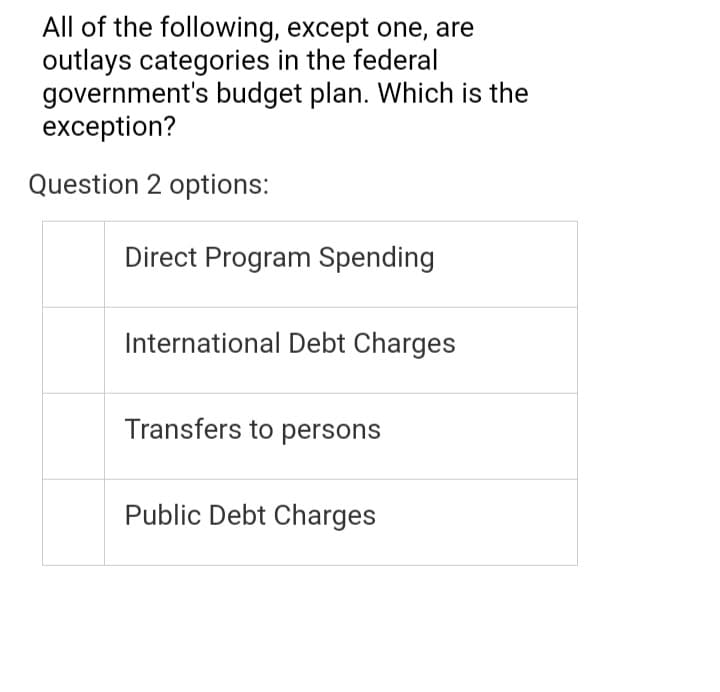 All of the following, except one, are
outlays categories in the federal
government's budget plan. Which is the
exception?
Question 2 options:
Direct Program Spending
International Debt Charges
Transfers to persons
Public Debt Charges