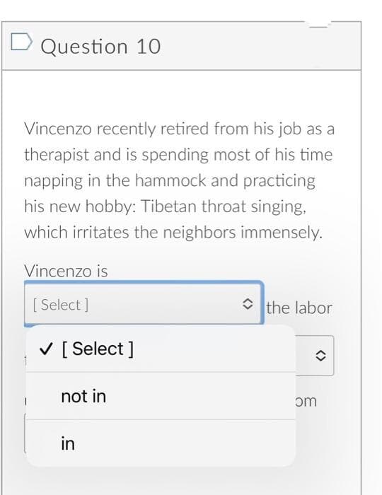 Question 10
Vincenzo recently retired from his job as a
therapist and is spending most of his time
napping in the hammock and practicing
his new hobby: Tibetan throat singing,
which irritates the neighbors immensely.
Vincenzo is
[Select]
the labor
✓ [Select]
✪
not in
in
ɔm