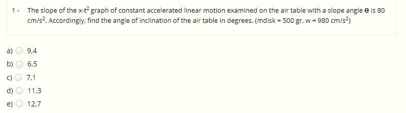1- The slope of the x-t? graph of constant accelerated linear motion examined on the air table with a slope angle e is 80
cm/s?. Accordingly, find the angle of inclination of the air table in degrees. (mdisk = 500 gr, w = 980 cm/s?)
a)
9,4
b)
6,5
c)
7,1
d)
11,3
12,7
