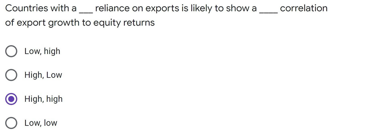 Countries with a
reliance on exports is likely to show a
correlation
of export growth to equity returns
Low, high
High, Low
High, high
Low, low
