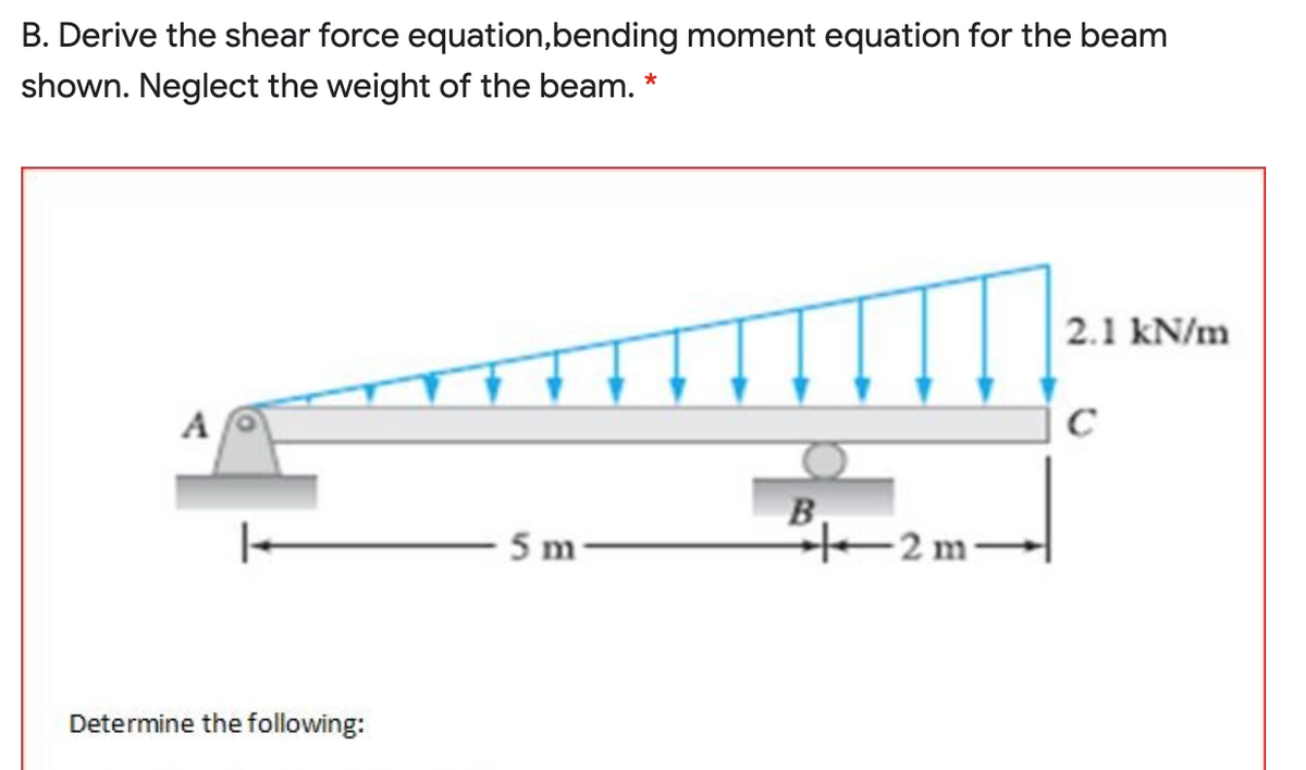 B. Derive the shear force equation,bending moment equation for the beam
shown. Neglect the weight of the beam. *
2.1 kN/m
A
C
B
5 m
-2 m-
Determine the following:
