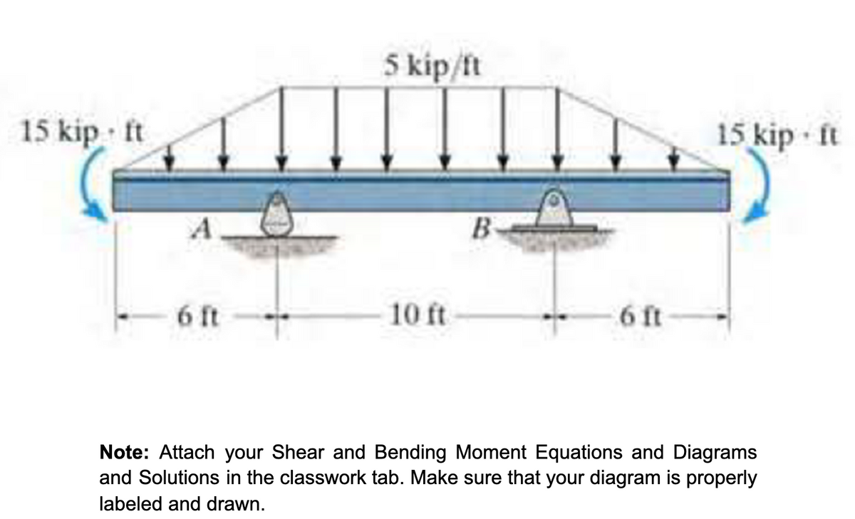 5 kip/ft
15 kip ft
15 kip · ft
B
6 ft
10 ft
6 ft
Note: Attach your Shear and Bending Moment Equations and Diagrams
and Solutions in the classwork tab. Make sure that your diagram is properly
labeled and drawn.
