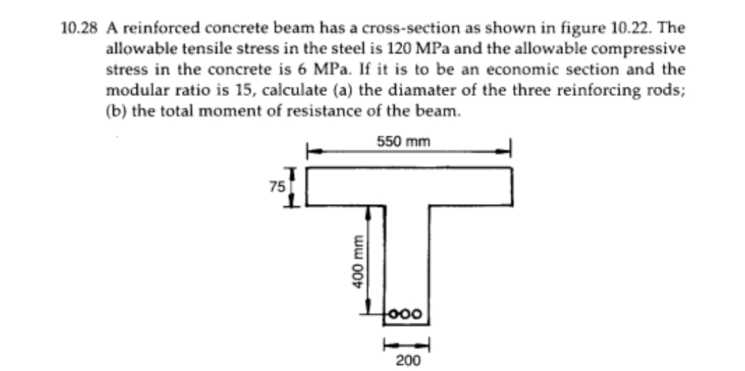 10.28 A reinforced concrete beam has a cross-section as shown in figure 10.22. The
allowable tensile stress in the steel is 120 MPa and the allowable compressive
stress in the concrete is 6 MPa. If it is to be an economic section and the
modular ratio is 15, calculate (a) the diamater of the three reinforcing rods;
(b) the total moment of resistance of the beam.
550 mm
75
o00
200
400 mm
