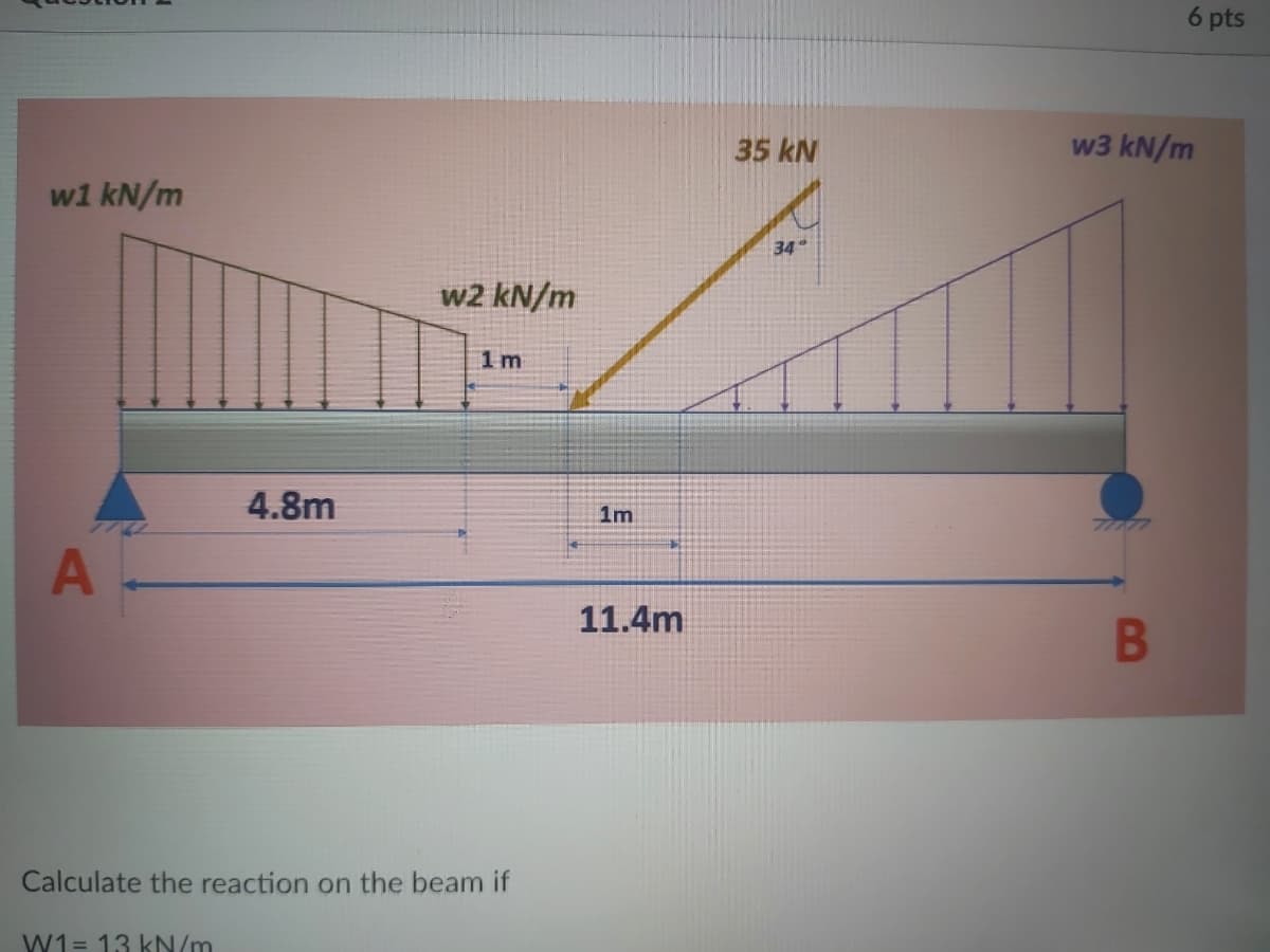 6 pts
35 kN
w3 kN/m
w1 kN/m
34
w2 kN/m
1m
4.8m
1m
A
11.4m
B
Calculate the reaction on the beam if
W1= 13 kN/m
