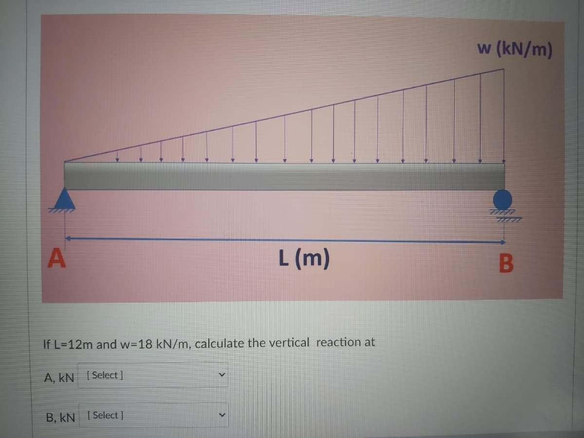 w (kN/m)
L (m)
B
If L=12m and w=18 kN/m, calculate the vertical reaction at
A, kN [Select]
B, kN [Select]
