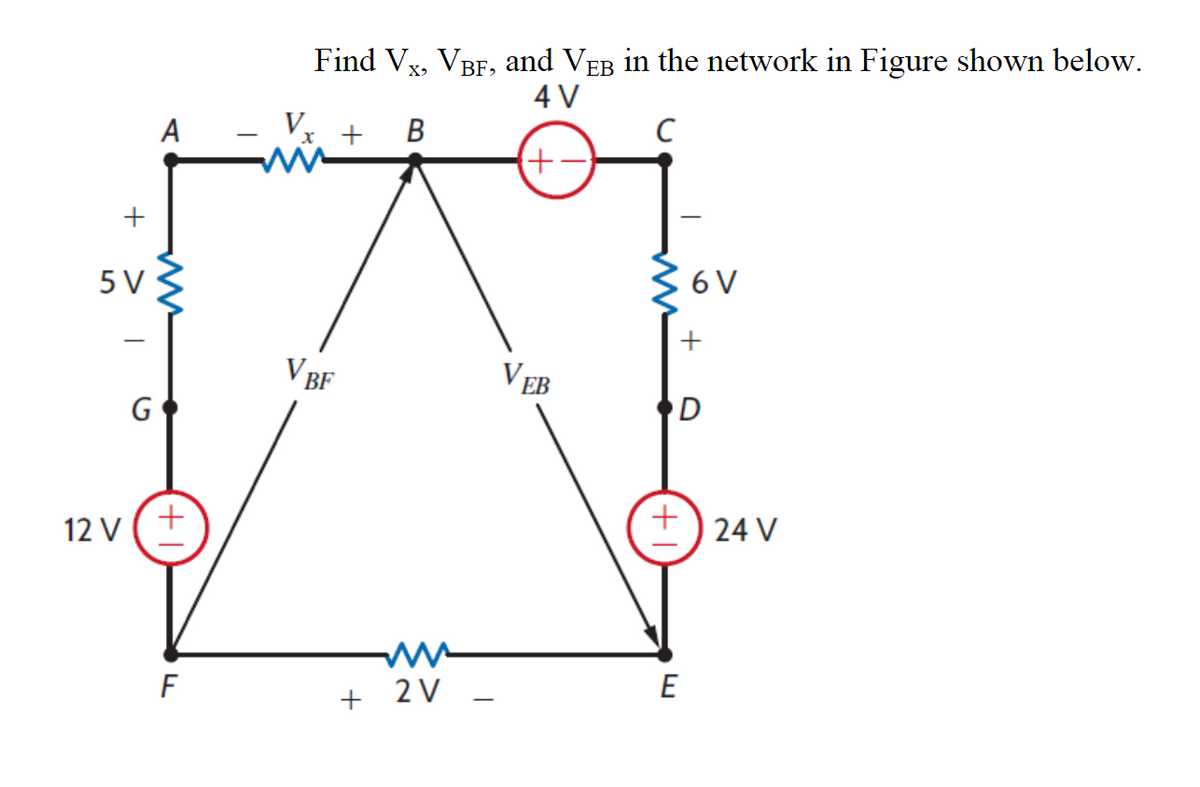 +
5V
G
A
12 V (+
F
M
Find Vx, VBF, and VÅB in the network in Figure shown below.
4 V
+ B
C
+-
V BF
ww
+ 2V
VEB
+1
6 V
+
D
E
24 V