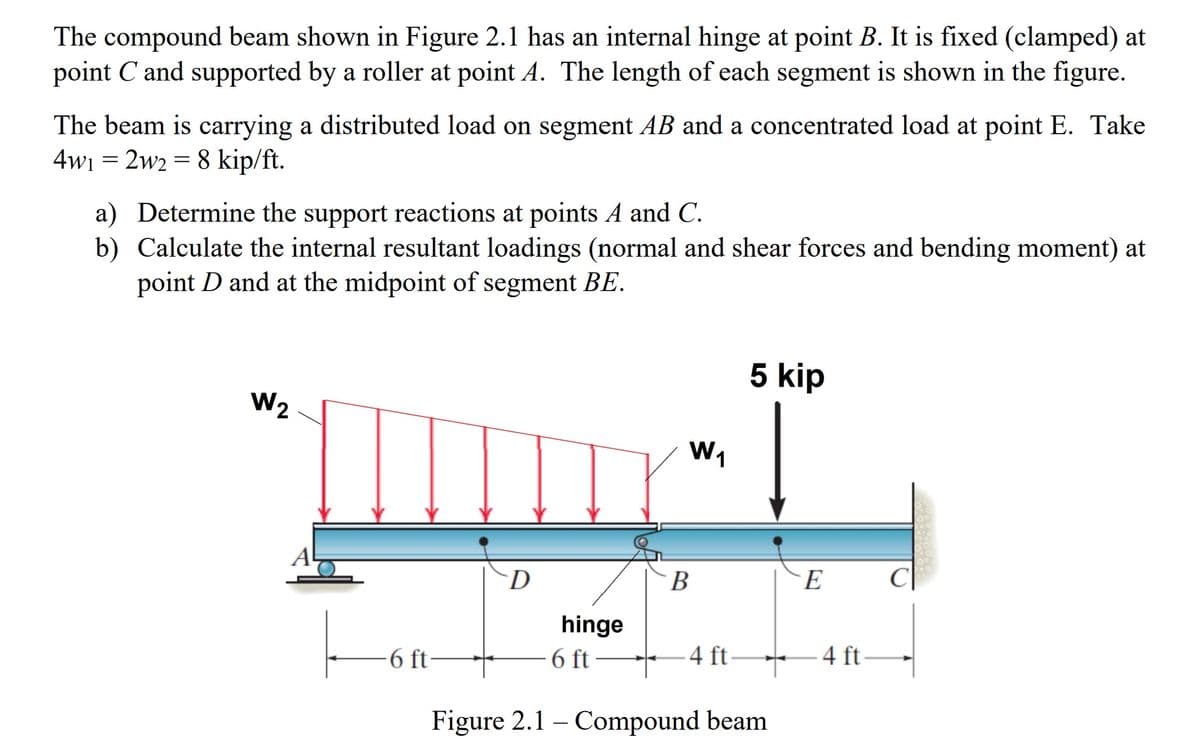 The compound beam shown in Figure 2.1 has an internal hinge at point B. It is fixed (clamped) at
point C and supported by a roller at point A. The length of each segment is shown in the figure.
The beam is carrying a distributed load on segment AB and a concentrated load at point E. Take
4w₁ 2w2 = 8 kip/ft.
-
=
a) Determine the support reactions at points A and C.
b) Calculate the internal resultant loadings (normal and shear forces and bending moment) at
point D and at the midpoint of segment BE.
W2
A
-6 ft-
D
hinge
6 ft
W₁
B
-4 ft-
5 kip
Figure 2.1 - Compound beam
E
4 ft