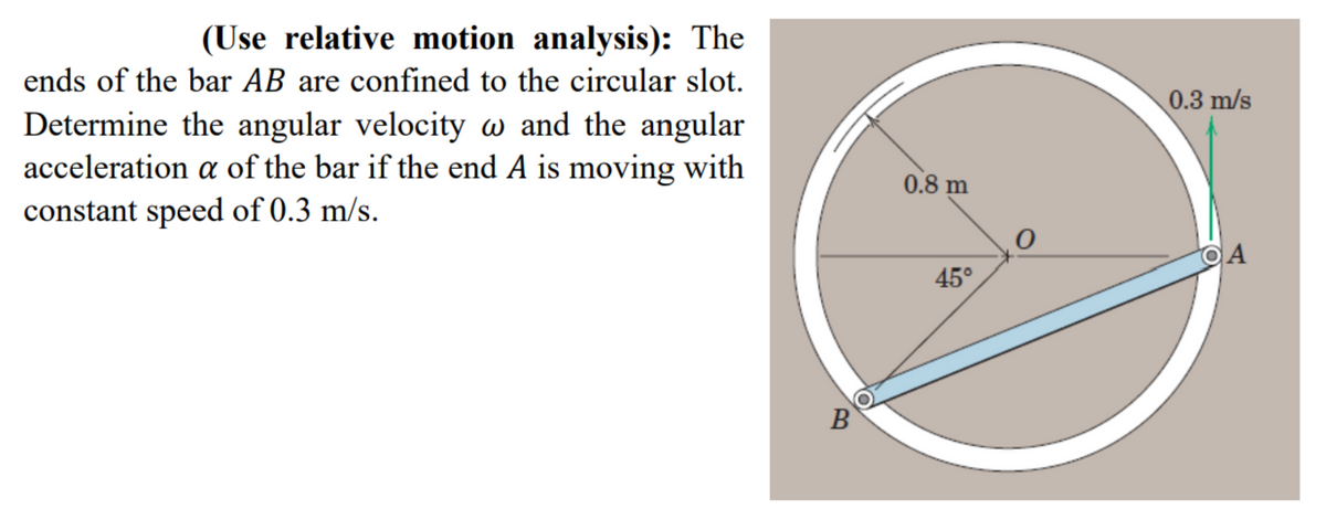 (Use relative motion analysis): The
ends of the bar AB are confined to the circular slot.
Determine the angular velocity w and the angular
acceleration a of the bar if the end A is moving with
constant speed of 0.3 m/s.
B
0.8 m
45°
0
0.3 m/s
OA