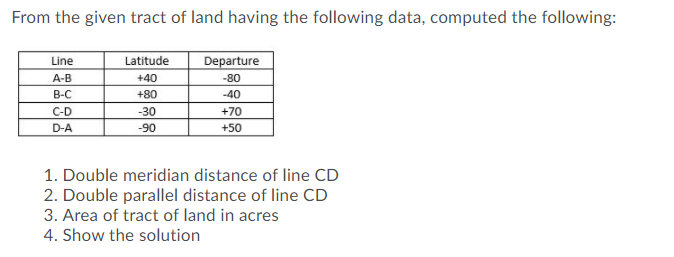From the given tract of land having the following data, computed the following:
ITT
Line
Latitude
Departure
А-В
+40
-80
В-С
+80
-40
C-D
-30
+70
D-A
-90
+50
1. Double meridian distance of line CD
2. Double parallel distance of line CD
3. Area of tract of land in acres
4. Show the solution

