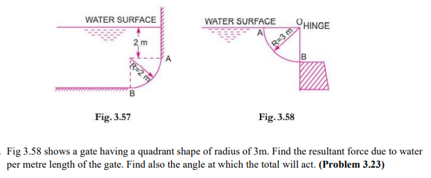 WATER SURFACE
WATER SURFACE
OHINGE
2 m
R=3 m
R=2 m
Fig. 3.57
Fig. 3.58
Fig 3.58 shows a gate having a quadrant shape of radius of 3m. Find the resultant force due to water
per metre length of the gate. Find also the angle at which the total will act. (Problem 3.23)
