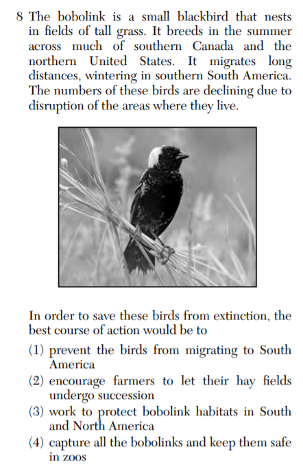 8 The bobolink is a small blackbird that nests
in fields of tall grass. It breeds in the summer
across much of southern Canada and the
northern United States. It migrates long
distances, wintering in southern South America.
The numbers of these birds are declining due to
disruption of the areas where they live.
In order to save these birds from extinction, the
best course of action would be to
(1) prevent the birds from migrating to South
America
(2) encourage farmers to let their hay fields
undergo succession
(3) work to protect bobolink habitats in South
and North America
(4) capture all the bobolinks and keep them safe
in zoos
