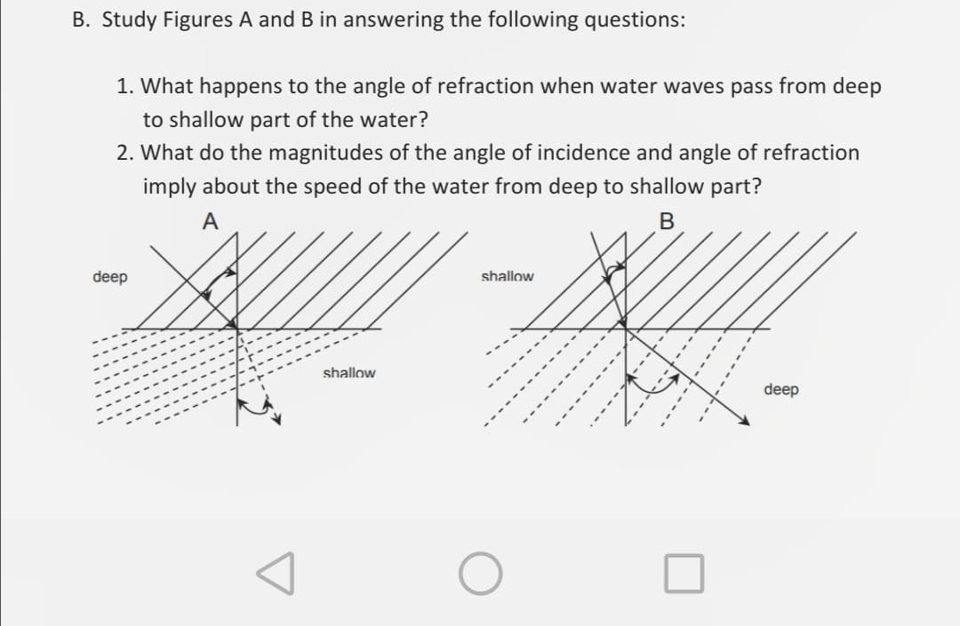 B. Study Figures A and B in answering the following questions:
1. What happens to the angle of refraction when water waves pass from deep
to shallow part of the water?
2. What do the magnitudes of the angle of incidence and angle of refraction
imply about the speed of the water from deep to shallow part?
А
В
deep
shallow
shallow
deep
