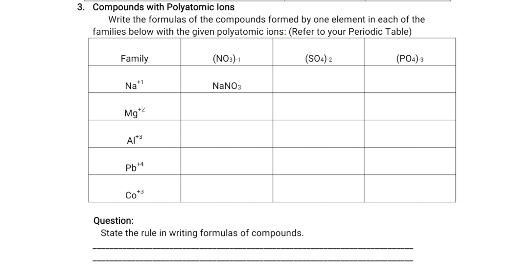 3. Compounds with Polyatomic lons
Write the formulas of the compounds formed by one element in each of the
families below with the given polyatomic ions: (Refer to your Periodic Table)
Family
(NO3)-1
(SO4)-2
(РО) з
Na*"
NANO3
Mg*2
Al*3
Pb*4
Co*3
Question:
State the rule in writing formulas of compounds.
