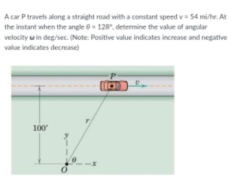 A car P travels along a straight road witha constant speed v = 54 mi/hr. At
the instant when the angle 0 = 128°, determine the value of angular
velocity w in deg/sec. (Note: Positive value indicates increase and negative
value indicates decrease)
100
