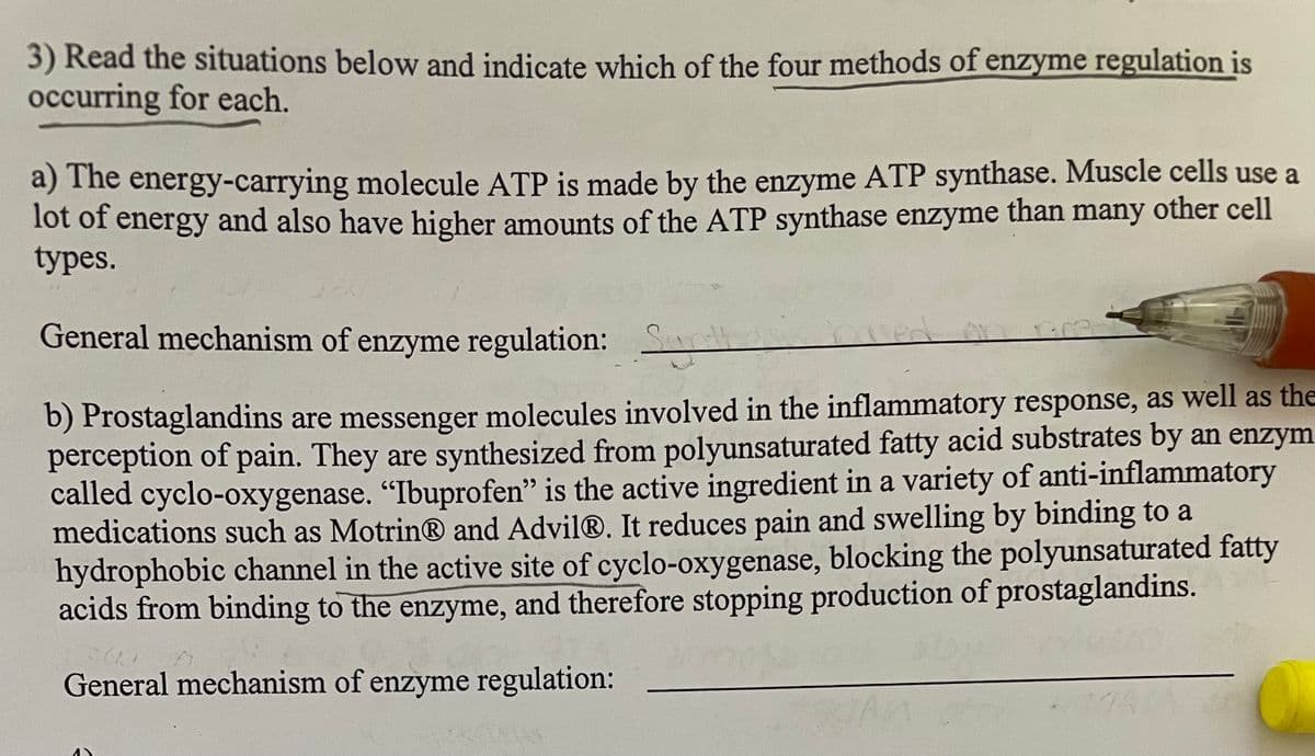 3) Read the situations below and indicate which of the four methods of enzyme regulation is
occurring for each.
a) The energy-carrying molecule ATP is made by the enzyme ATP synthase. Muscle cells use a
lot of energy and also have higher amounts of the ATP synthase enzyme than many other cell
types.
General mechanism of enzyme regulation: S
b) Prostaglandins are messenger molecules involved in the inflammatory response, as well as the
perception of pain. They are synthesized from polyunsaturated fatty acid substrates by an enzym
called cyclo-oxygenase. "Ibuprofen" is the active ingredient in a variety of anti-inflammatory
medications such as Motrin® and Advil®. It reduces pain and swelling by binding to a
hydrophobic channel in the active site of cyclo-oxygenase, blocking the polyunsaturated fatty
acids from binding to the enzyme, and therefore stopping production of prostaglandins.
General mechanism of enzyme regulation:
