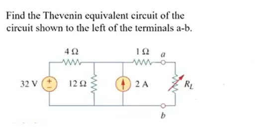 Find the Thevenin equivalent circuit of the
circuit shown to the left of the terminals a-b.
10 a
4Ω
ww
12 2
2 A
RL
32 V
