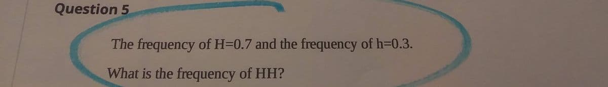 Question 5
The frequency of H=0.7 and the frequency of h=0.3.
What is the frequency of HH?
