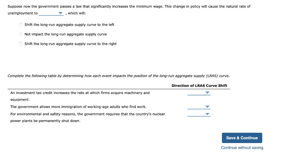 Suppose now the government passes law that significantly increases the minimum wage. This change in policy will cause the natural rate of
unemployment to
which will:
Shift the long-run aggregate supply curve to the left
Not impact the long-run aggregate supply curve
Shift the long-run aggregate supply curve to the right
Complete the following table by determining how each event impacts the position of the long-run aggregate supply (LRAS) curve.
An investment tax credit increases the rate at which firms acquire machinery and
equipment.
The government allows more immigration of working-age adults who find work.
For environmental and safety reasons, the government requires that the country's nuclear
power plants be permanently shut down.
Direction of LRAS Curve Shift
Save & Continue
Continue without saving