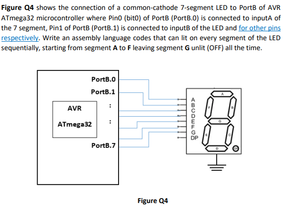 Figure Q4 shows the connection of a common-cathode 7-segment LED to PortB of AVR
ATmega32 microcontroller where Pin0 (bit0) of PortB (PortB.0) is connected to inputA of
the 7 segment, Pin1 of PortB (PortB.1) is connected to inputB of the LED and for other pins
respectively. Write an assembly language codes that can lit on every segment of the LED
sequentially, starting from segment A to F leaving segment G unlit (OFF) all the time.
PortB.0
PortB.1
AVR
ATmega32
PortB.7
Figure Q4
