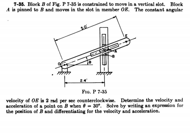 7-35. Block B of Fig. P 7-35 is constrained to move in a vertical slot.
A is pinned to B and moves in the slot in member OE. The constant angular
Block
