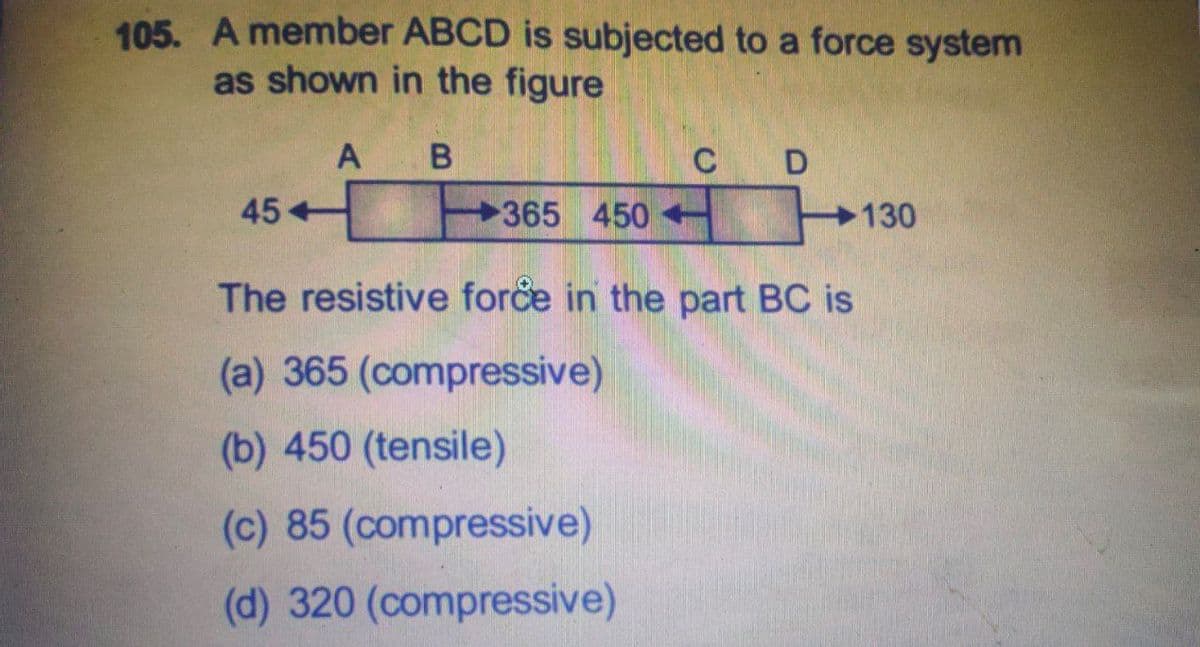 105. A member ABCD is subjected to a force system
as shown in the figure
A B
C D
45
365 450+
130
The resistive forče in the part BC is
(a) 365 (compressive)
(b) 450 (tensile)
(c) 85 (compressive)
(d) 320 (compressive)
