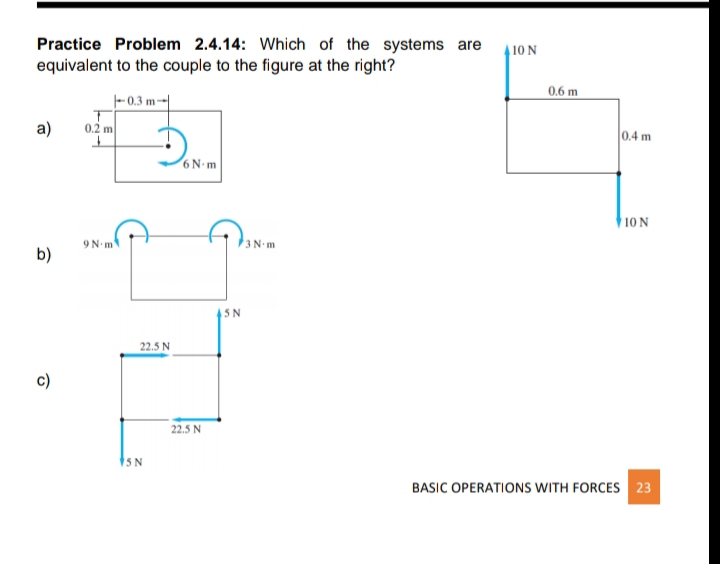 Practice Problem 2.4.14: Which of the systems are
410 N
equivalent to the couple to the figure at the right?
0.6 m
-0.3 m-
а)
0.2 m
0.4 m
6N-m
10N
9N m
3 N m
b)
15N
22.5 N
c)
22.5 N
5N
BASIC OPERATIONS WITH FORCES 23
