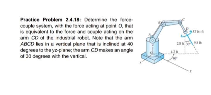 Practice Problem 2.4.18: Determine the force-
couple system, with the force acting at point O, that
is equivalent to the force and couple acting on the
arm CD of the industrial robot. Note that the arm
352 Ib ft
2.8 f30 9.8 Ib
ABCD lies in a vertical plane that is inclined at 40
degrees to the yz-plane; the arm CD makes an angle
of 30 degrees with the vertical.
40
