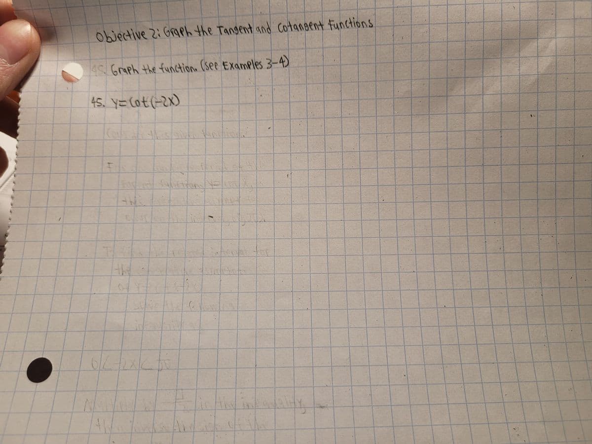 Objective 2: Grgph the Tangent and cotangent Functions
4SGraph the function (see Examples 3-4)
45. Y=Cot(-2x)
thislt Kin
thi
