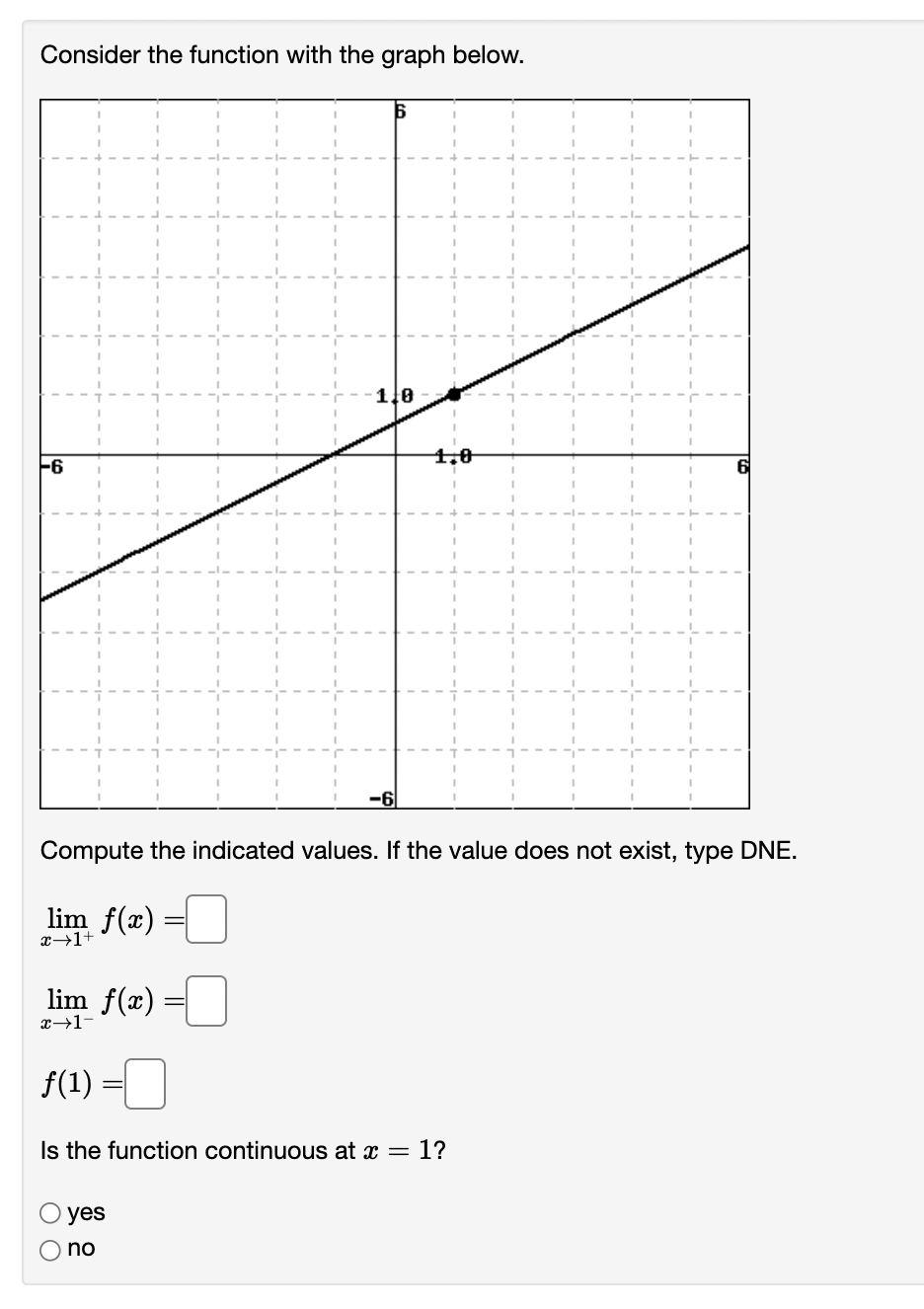 Consider the function with the graph below.
1.0
1,0
F6
6
-6
Compute the indicated values. If the value does not exist, type DNE.
lim f(x)
x→1+
lim f(x)
x→1-
f(1)
Is the function continuous at x =
1?
yes
no
O O
