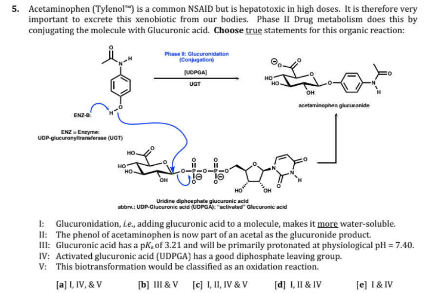 5. Acetaminophen (Tylenol™) is a common NSAID but is hepatotoxic in high doses. It is therefore very
important to excrete this xenobiotic from our bodies. Phase II Drug metabolism does this by
conjugating the molecule with Glucuronic acid. Choose true statements for this organic reaction:
Phase lI: Glucuronidation
(Conjugation)
vー4
(UDPGA]
но
но
UGT
он
acetaminophen glucuronide
ENZ-B:
ENZ = Enzyme:
UDP-glucuronyitransferase (UGT)
но.
но
но.
он
Uridine diphosphate glucuronic acid
abbrv.: UDP-Glucuronic acid (ÚDPGA); "activated" Glucuronic acid
I: Glucuronidation, i.e., adding glucuronic acid to a molecule, makes it more water-soluble.
II: The phenol of acetaminophen is now part of an acetal as the glucuronide product.
III: Glucuronic acid has a pKa of 3.21 and will be primarily protonated at physiological pH = 7.40.
IV: Activated glucuronic acid (UDPGA) has a good diphosphate leaving group.
V: This biotransformation would be classified as an oxidation reaction.
[a] I, IV, & V
[b] III & V
[c] I, II, IV & V
[d] I, II & IV
[e] I& IV
