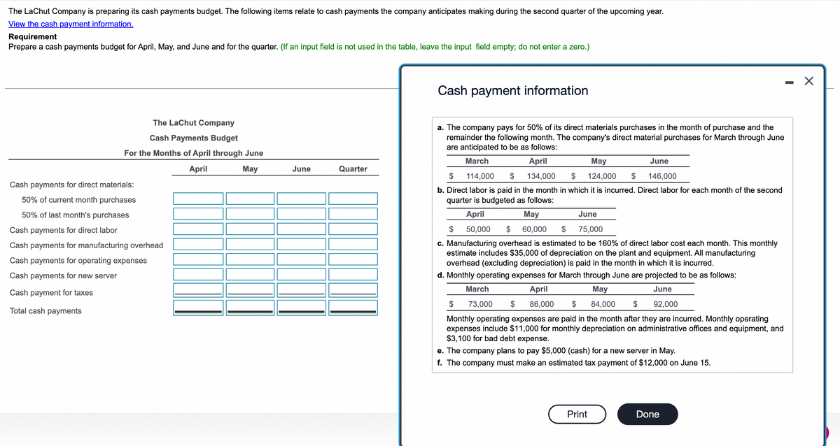 The LaChut Company is preparing its cash payments budget. The following items relate to cash payments the company anticipates making during the second quarter of the upcoming year.
View the cash payment information.
Requirement
Prepare a cash payments budget for April, May, and June and for the quarter. (If an input field is not used in the table, leave the input field empty; do not enter a zero.)
The LaChut Company
Cash Payments Budget
For the Months of April through June
April
May
Cash payments for direct materials:
50% of current month purchases
50% of last month's purchases
Cash payments for direct labor
Cash payments for manufacturing overhead
Cash payments for operating expenses
Cash payments for new server
Cash payment for taxes
Total cash payments
June
Quarter
Cash payment information
a. The company pays for 50% of its direct materials purchases in the month of purchase and the
remainder the following month. The company's direct material purchases for March through June
are anticipated to be as follows:
March
$
114,000
$
April
134,000
May
June
$
124,000 $
146,000
b. Direct labor is paid in the month in which it is incurred. Direct labor for each month of the second
quarter is budgeted as follows:
April
May
June
$ 50,000 $
60,000 $
75,000
c. Manufacturing overhead is estimated to be 160% of direct labor cost each month. This monthly
estimate includes $35,000 of depreciation on the plant and equipment. All manufacturing
overhead (excluding depreciation) is paid in the month in which it is incurred.
d. Monthly operating expenses for March through June are projected to be as follows:
March
$
73,000
April
$ 86,000
May
June
$
84,000 $
92,000
Monthly operating expenses are paid in the month after they are incurred. Monthly operating
expenses include $11,000 for monthly depreciation on administrative offices and equipment, and
$3,100 for bad debt expense.
e. The company plans to pay $5,000 (cash) for a new server in May.
f. The company must make an estimated tax payment of $12,000 on June 15.
Print
Done
-
☑