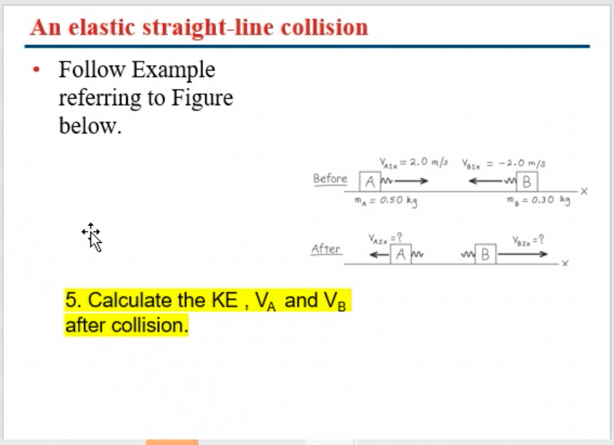 An elastic straight-line collision
Follow Example
referring to Figure
below.
YAix = 2.0 m/s Vasx = -2.0 m/s
Before Am-
mA = 0.50 kg
m, = 0.30 kg
%3D
Yazu =?
After
w B
5. Calculate the KE , VA and VB
after collision.
