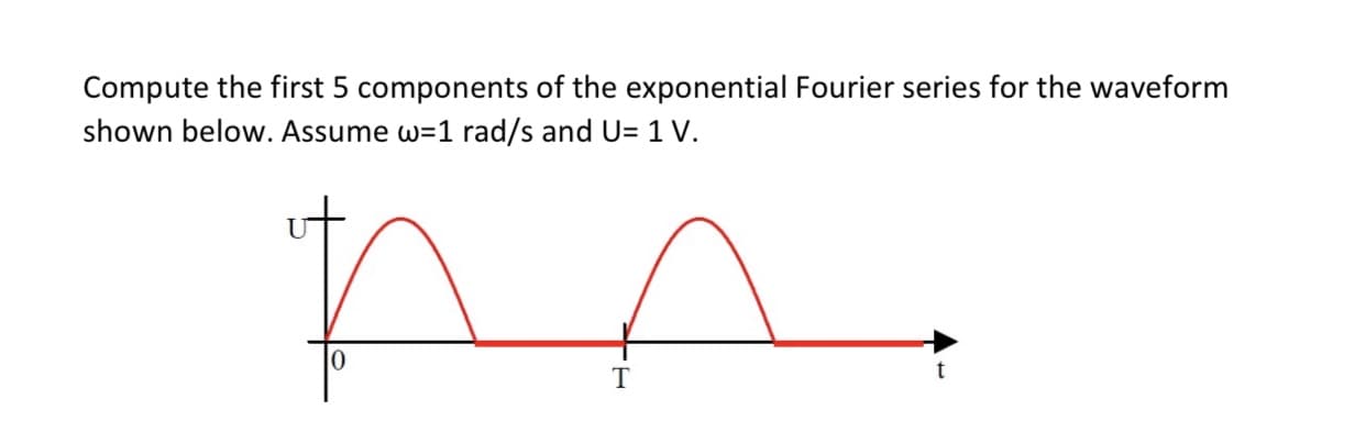 Compute the first 5 components of the exponential Fourier series for the waveform
shown below. Assume w=1 rad/s and U= 1 V.
T
