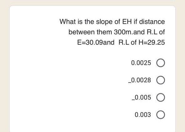 What is the slope of EH if distance
between them 300m.and R.L of
E-30.09and R.L of H=29.25
0.0025 O
-0.0028 O
_0.005 O
0.003 O