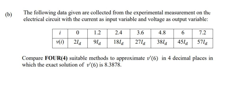 The following data given are collected from the experimental measurement on the
electrical circuit with the current as input variable and voltage as output variable:
(b)
i
1.2
2.4
3.6
4.8
6.
7.2
v(i)
21a
91a
18la
27la
38la
45la
57la
Compare FOUR(4) suitable methods to approximate v'(6) in 4 decimal places in
which the exact solution of v'(6) is 8.3878.
