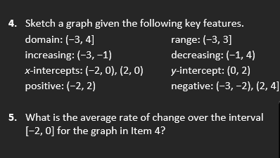 4. Sketch a graph given the following key features.
range: (-3, 3]
decreasing: (-1, 4)
domain: (-3, 4]
increasing: (-3, –1)
y-intercept: (0, 2)
negative: (-3, -2), (2, 4]
x-intercepts: (-2, 0), (2, 0)
positive: (-2, 2)
5. What is the average rate of change over the interval
[-2, 0] for the graph in Item 4?
