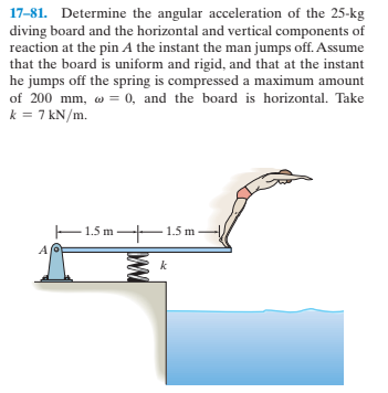 17-81. Determine the angular acceleration of the 25-kg
diving board and the horizontal and vertical components of
reaction at the pin A the instant the man jumps off. Assume
that the board is uniform and rigid, and that at the instant
he jumps off the spring is compressed a maximum amount
of 200 mm, w = 0, and the board is horizontal. Take
k = 7 kN/m.
E1.5 m -1.5 m -
