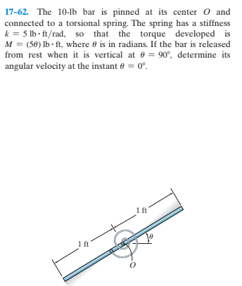 17-62. The 10-lb bar is pinned at its center O and
connected to a torsional spring. The spring has a stiffness
k = 5 lb ft/rad, so that the torque developed is
M = (50) lb - ft, where e is in radians. If the bar is released
from rest when it is vertical at 6 = 90°, determine its
%3D
angular velocity at the instant 0 = 0°.
1 ft
1 ft
