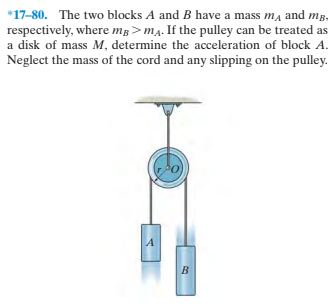 *17-80. The two blocks A and B have a mass m, and mg,
respectively, where mg> mĄ. If the pulley can be treated as
a disk of mass M, determine the acceleration of block A.
Neglect the mass of the cord and any slipping on the pulley.
